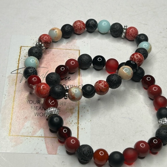 Red Agate & Lava Stone Bracelet Set - Picture 2 of 3